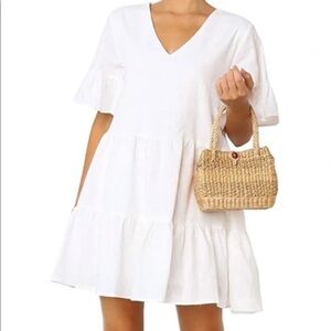 Sun Dress Cotton S/S Tiered Babydoll V neck White Size LARGE